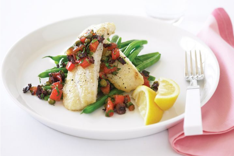 Pan Fried Perch with Caper, Olive & Tomato Salsa