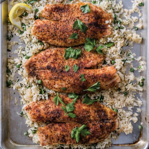 Blackened Fish with Herbed Rice and Peas