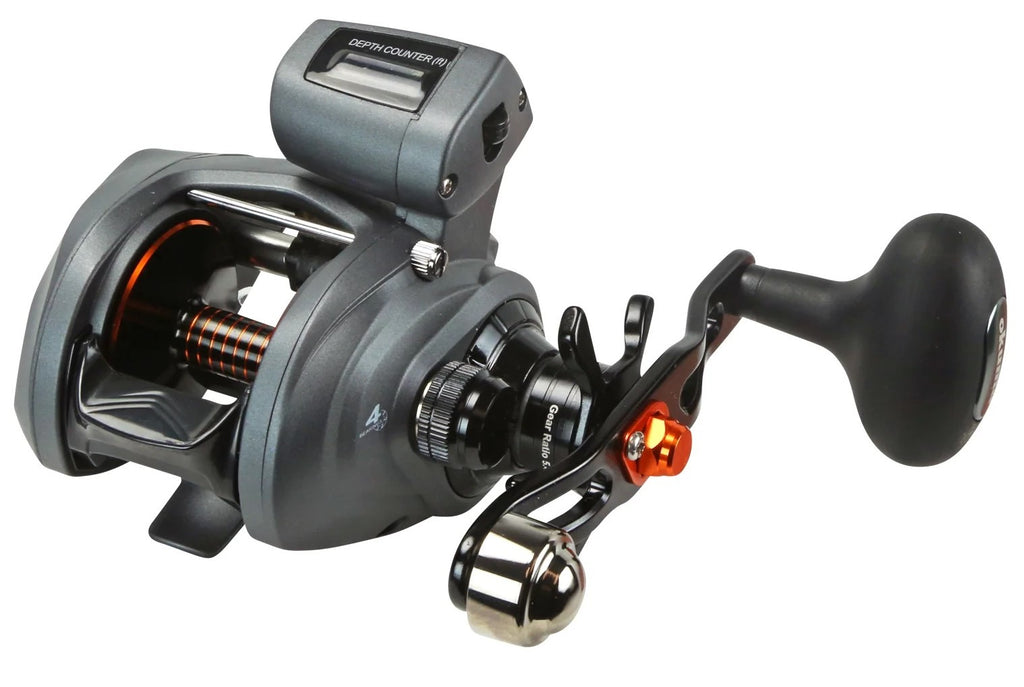 okuma 203 musky reel Cold Water Low Profile Line Counter an access port allows the interior to be dried completely Okuma Left-Handed Cold Water Linecounter
