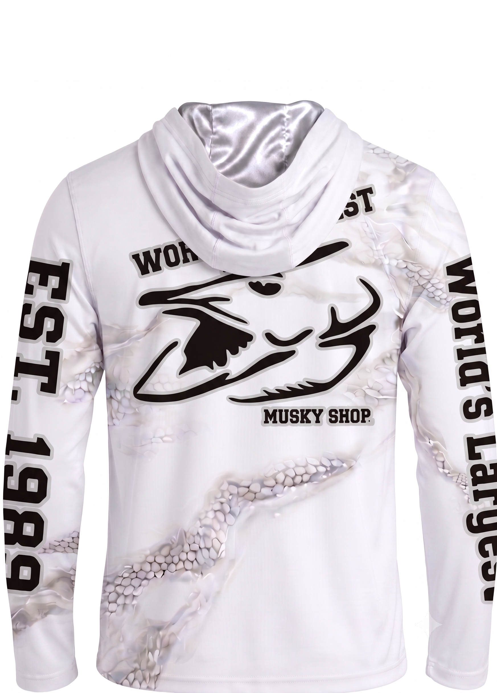 Musky Shop Gray White Long Sleeve Hoodie Fishing T-Shirt large